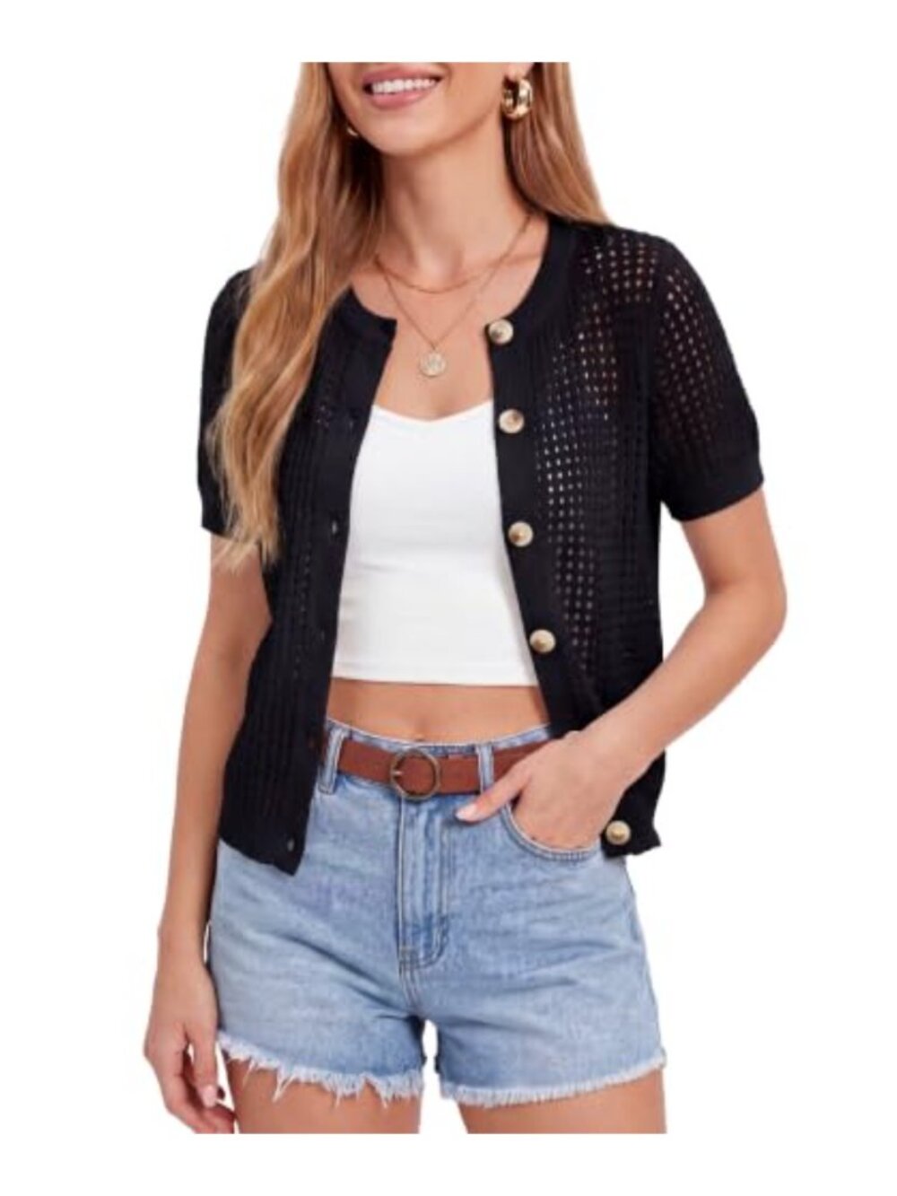 Crochet Cardigan Women Short Sleeve Button Front Open Knit Sweater Lightweight